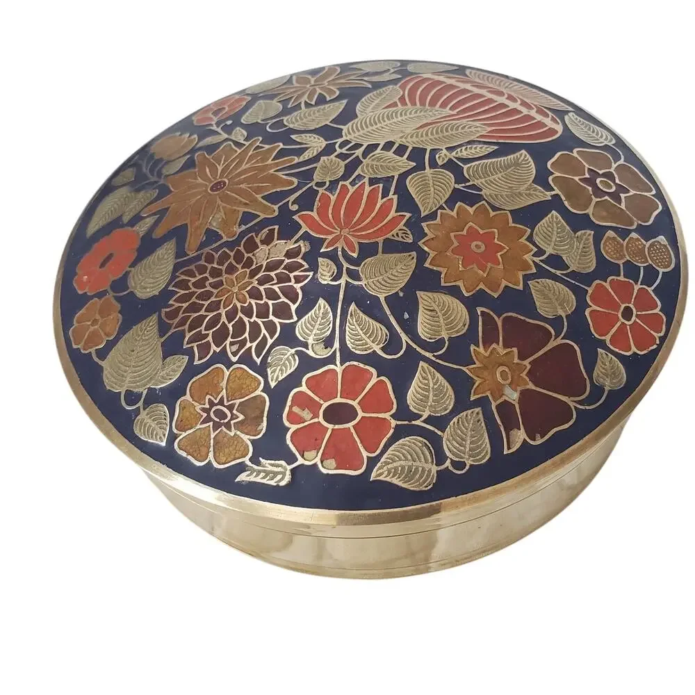Vintage Floral Cloisonné Enamel Brass Round Lidded Trinket Box Canister Decor